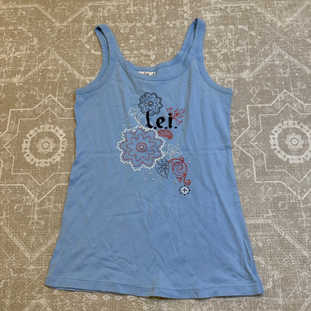 Y2K vintage LEI Blue Tank Top‎ Sleepwear XL Floral Print Rhinestone Embellished